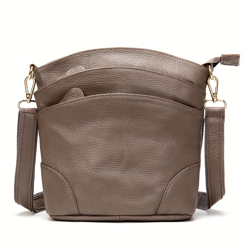 Women Genuine Leather Crossbody Bag, Retro Style Solid Color Bucket Bag, Multi Pockets Shoulder Purse