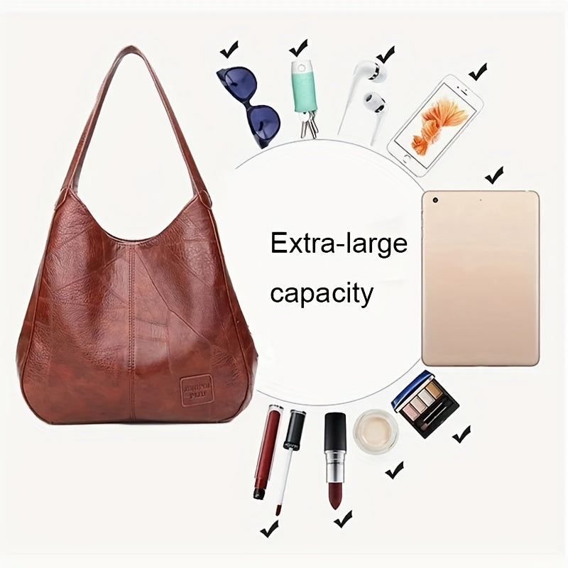 Vintage PU Hobo Bag, Large Capacity Tote Bag, Women's Travel Shoulder Bag
