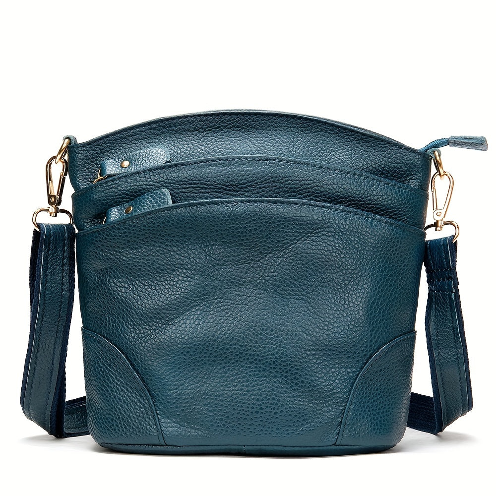 Women Genuine Leather Crossbody Bag, Retro Style Solid Color Bucket Bag, Multi Pockets Shoulder Purse