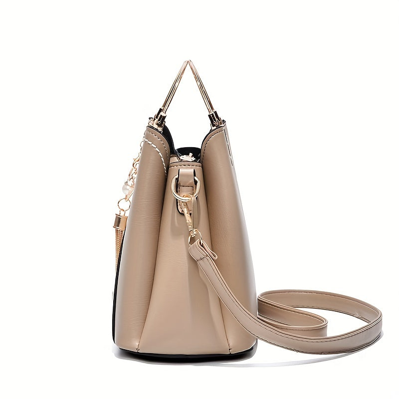 Women's Simple Colorblock Tote Bag, Classic Elegant Shoulder Bag, Trendy Satchel Bag With Tassel Pendant