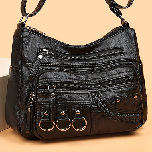 Braid Detail Crossbody Bag, Fashion Metal Decor Crossbody Bag, Women's Soft Faux Leather Purse With Multi Zipper