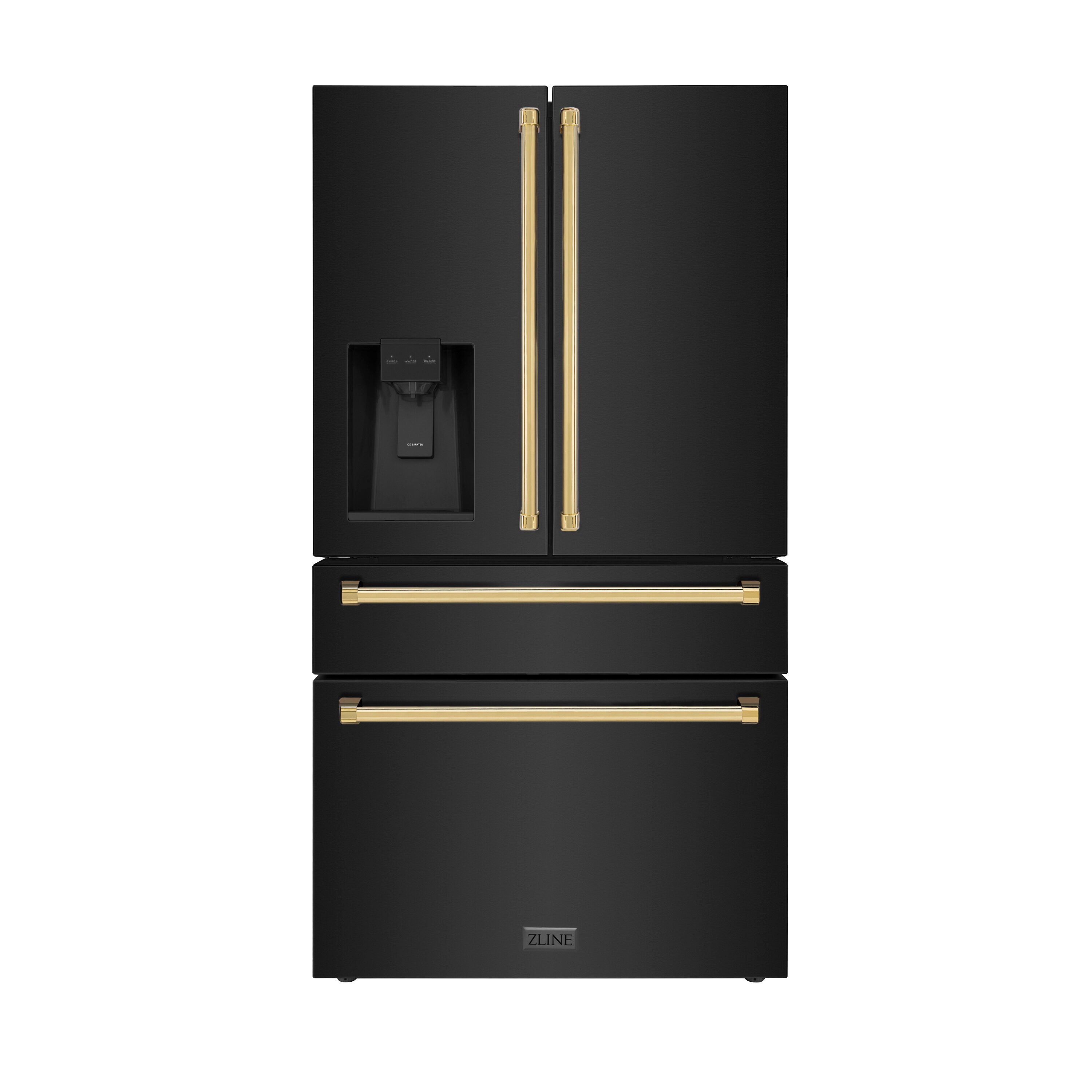 ZLINE KITCHEN & BATH Counter-Depth Autograph Edition 21.6-cu ft 4 -Door French Door Refrigerator with Ice Maker with Water Dispenser ( Fingerprint Resistant Black Stainless Steel with Polished Gold accent Handles ) ENERGY STAR Certified