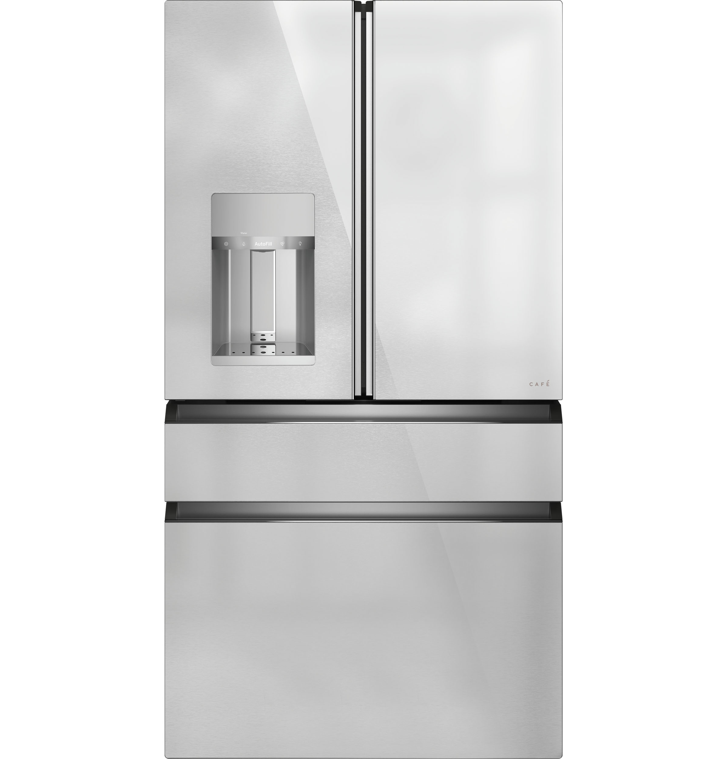 Cafe Standard-Depth Modern Glass 27.8-cu ft 4 -Door Smart Compatible French Door Refrigerator with Ice Maker with Water and Ice Dispenser ( Platinum Glass ) ENERGY STAR Certified