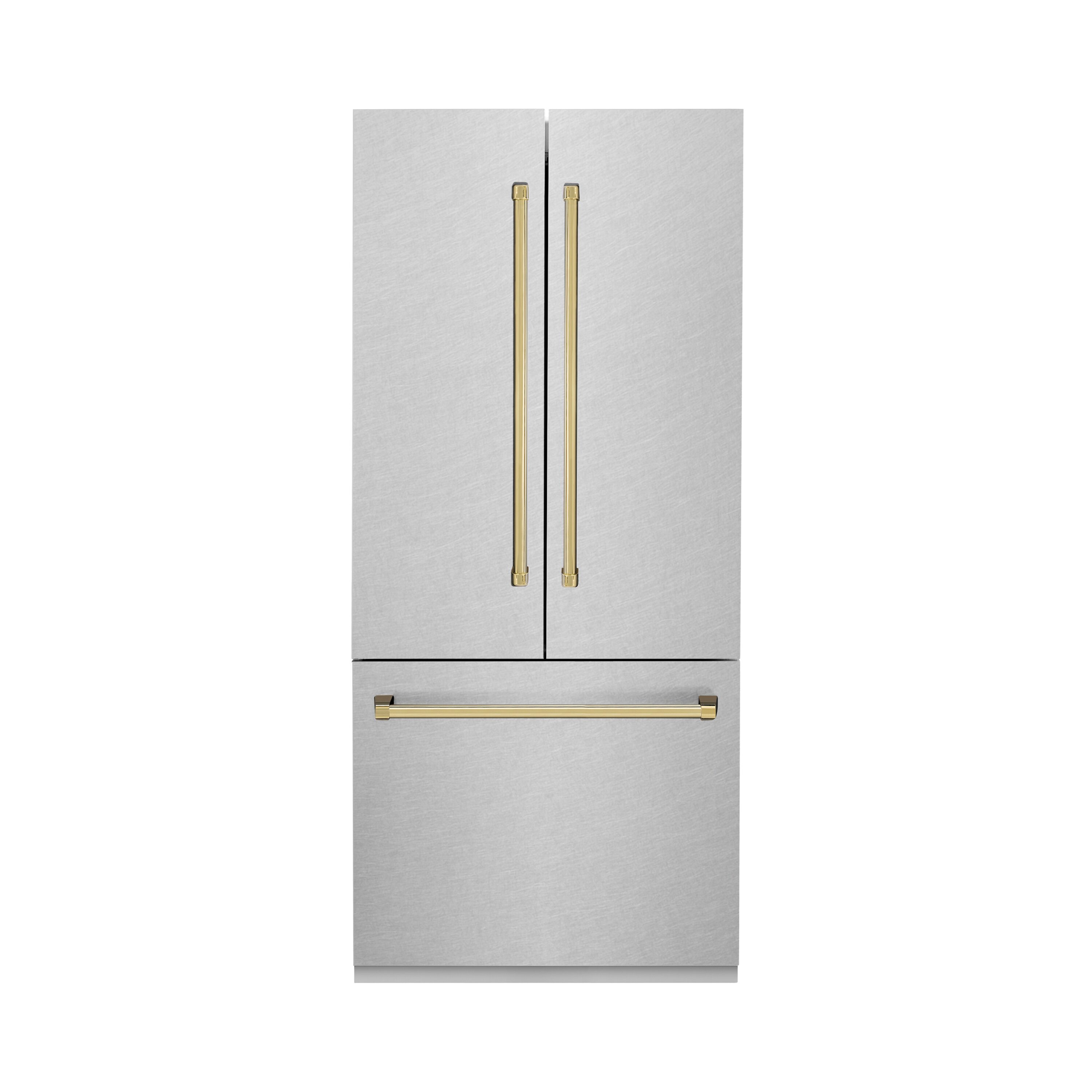 ZLINE KITCHEN & BATH Counter-Depth 19.6-cu ft 3 -Door Built-In French Door Refrigerator with Ice Maker with Water Dispenser ( Satin Stainless Steel, Polished Gold Handle ) ENERGY STAR Certified