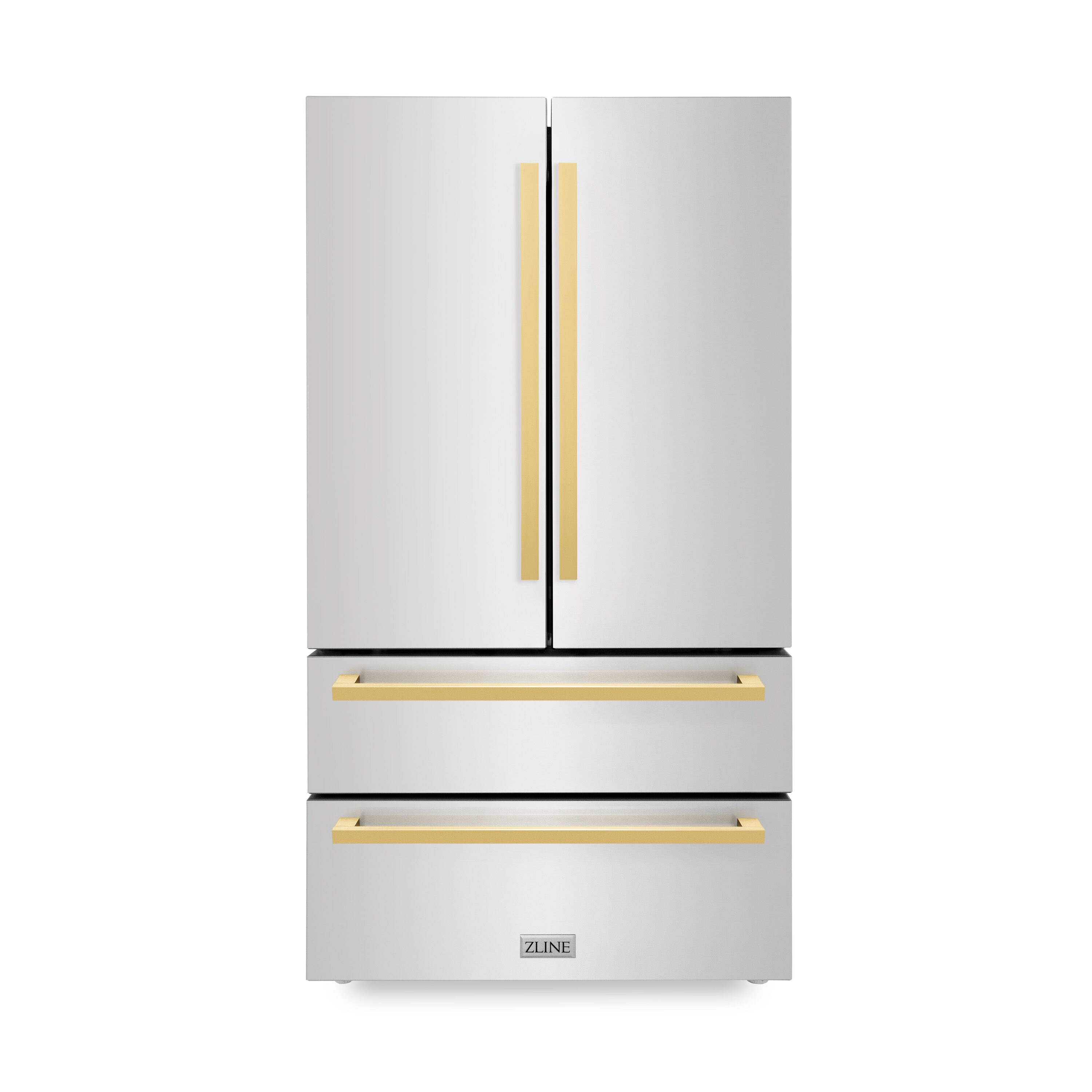 ZLINE KITCHEN & BATH Counter-Depth 21.6-cu ft 4 -Door French Door Refrigerator with Ice Maker with Ice Dispenser ( Stainless Steel with Flat Polished Gold Handle ) ENERGY STAR Certified